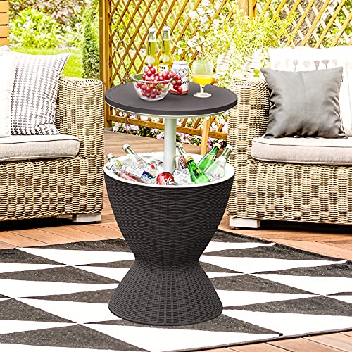 Tangkula Outdoor Cooler Table, Multi-Functional Cooler Bar Table, Adjustable Height Ice Cooler Side Table w/Drain Plug, 8 Gallon Beer & Wine Cooler, Rattan Style Patio Furniture for Pool Parties - color: Black