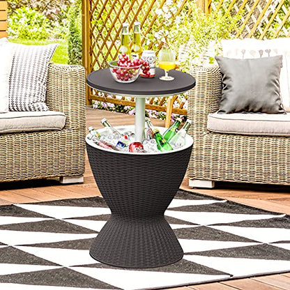 Tangkula Outdoor Cooler Table, Multi-Functional Cooler Bar Table, Adjustable Height Ice Cooler Side Table w/Drain Plug, 8 Gallon Beer & Wine Cooler, Rattan Style Patio Furniture for Pool Parties - color: Black
