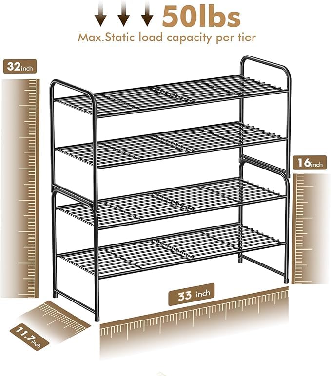 SUFAUY 2-Tier 33" Wide Shoe Rack, Closet Metal Shoe Rack Organizer Heavy Duty, Stackable, Black - color: Black