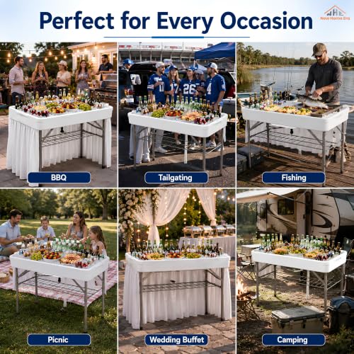 4 Feet Folding Ice Cooler Table with Drain Plug and Wire Shelf | Easy Drainage System, Foldable Legs, Deep Ice Bin, Polyethylene Tabletop, Tailgate & Camping Use