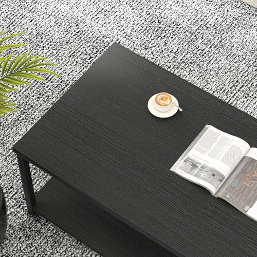 EXCEFUR Black Coffee Table, Modern Wood and Metal Living Room Table with Storage Shelf, 47 Inch - color: Black, size: 47 inch