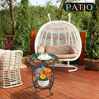 Cinnvoice Outdoor Side Table Round Small Mosaic Patio Accent Indoor End Plant Coffee Tea Table for Yard Patio Porch Garden Living Room, Bedroom(Tree of Life Style,12 Inch) - size: 12 Inch, style: Tree of Life Style