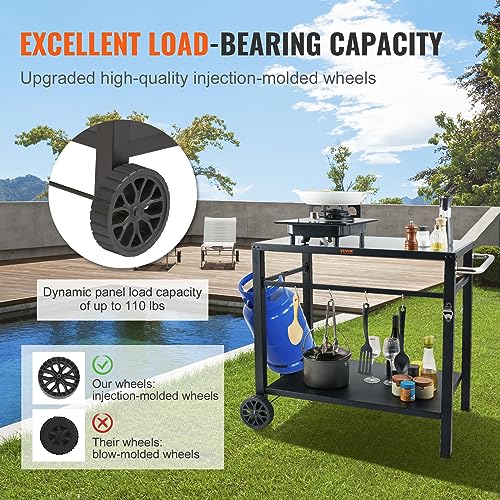 VEVOR Outdoor Grill Cart with Double-Shelf, BBQ Movable Food Prep Table with PVC Placemat, Black Iron Table Top, Portable Modular Carts for Pizza Oven, Worktable with 2 Wheels, Carry Handle - size: 21.7"D x 33.5"W x 32.9"H, style: Iron Table Top