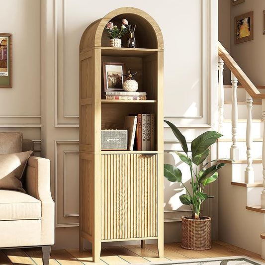 Yusong 67" Tall Narrow Arched Bookshelf, 4-Tier Bookcase with Adjustable Shelves＆ Closed Door, Farmhouse Pantry Cabinet, Display Shel for Living Dining Room Bedroom Kitchen (Nature) - color: Nature, size: 67" H
