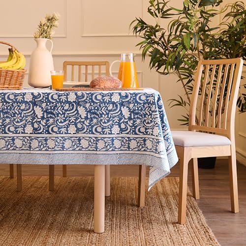 Encasa XO Square Tablecloth 60"x60" 5 ft Blue Jaipuri Block Print Cotton Dining Table Cloth | Handcrafted Floral tablecloths – Machine Washable for Indoor, Outdoor, Everyday Use - color: Blue, size: 60" x 60" (Square)