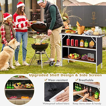 COSTWAY Folding Picnic Table, Portable Camping Table with Carry Bag, Lightweight Aluminum Food Prep Station with 2 Shelves, Quick Set-up, BBQ, Party, Backyard - color: Brown, size: 43.5"W x 34.5"H