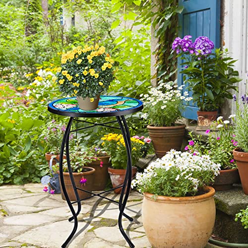 VCUTEKA Patio Side Table Outdoor Accent Table Bistro Coffee Table Plant End Table Small Porch Table Indoor Round Glass Balcony Bluebird Plant Table Stands - color: Blue Bird