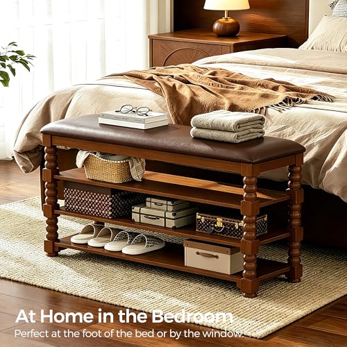 Homleke 39.4" Wide Solid Wood Shoe Rack Bench with Classic Turned Ball Legs | Tall 3-Tier Entryway Bench with Leather Seat, Holds Up to 12 Pairs, for Hallway, Bedroom and Closet, Walnut - color: Walnut, size: 3-Tier 39.4 Inch