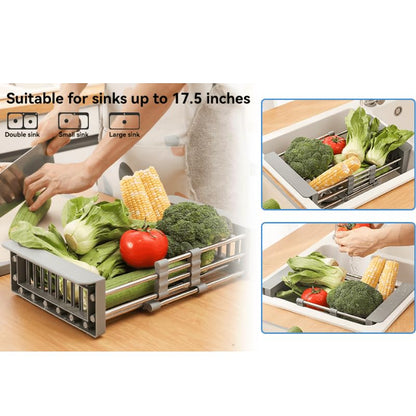 Adjustable Dish Drying Rack with Stainless Steel Drain Basket Over-The-Sink - Portable & Telescopic Space-Saving Solution for Fruit Vegetable
