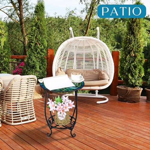 Cinnvoice Outdoor Side Table Round Small Mosaic Patio Accent Indoor End Plant Coffee Tea Table for Yard Patio Porch Garden Living Room, Bedroom(Peacock Style,14 Inch) - size: 14 Inch, style: Peacock Style