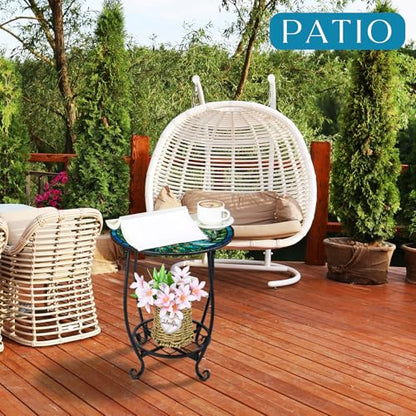 Cinnvoice Outdoor Side Table Round Small Mosaic Patio Accent Indoor End Plant Coffee Tea Table for Yard Patio Porch Garden Living Room, Bedroom(Peacock Style,14 Inch) - size: 14 Inch, style: Peacock Style