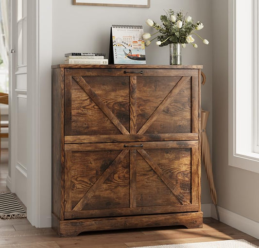 Smart FENDEE Shoe Cabinet, Shoe Storage Cabinet for Entryway with 2 Flip Drawers, Narrow Farmhouse Shoe Organizer Cabinet, Slim Shoe Rack Cabinet, 31.5 in Rustic Brown - color: Rustic Brown, size: Width - 31.5 inches