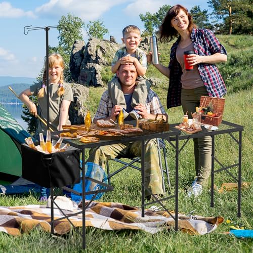WildFinder Folding Table with Sink and Double Shelf, Camping Table Height Adjustable Folding Grill Table, Portable Outdoor Table for Picnic,Camping,BBQ,Beach,69 x20 x32 Inches(Black) - size: 5.7x2FT(Cooking Station)
