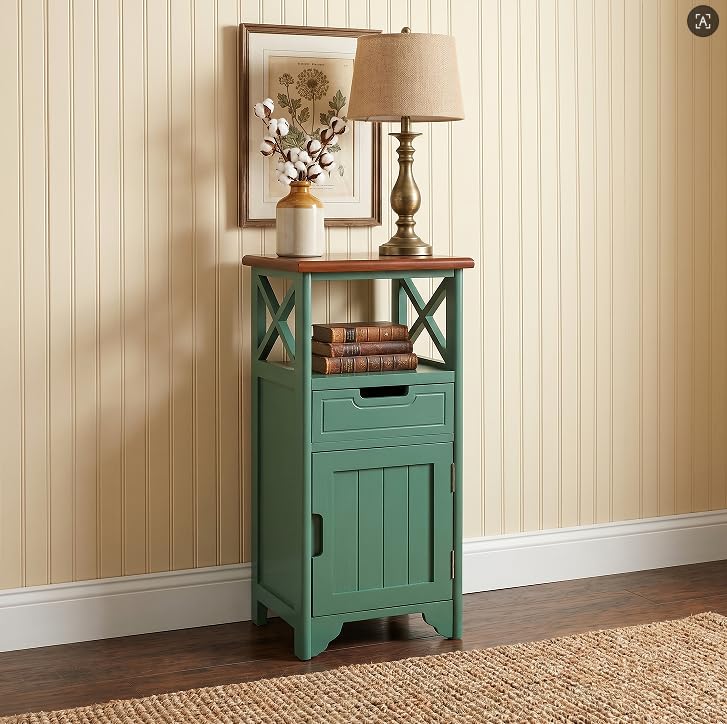 Assembled 30in Height Nightstand, Pre- Assembled Bathroom Floor Cabinet with Shelf and Storage Drawer, Green Tall End Table No Assembly Chest for Living Room Bedroom - color: Green