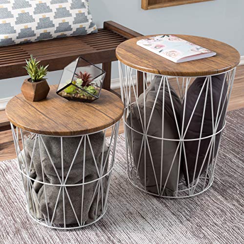 Lavish Home End Tables - Round Nesting Tables Set of 2, Brown/White | 17.5”/15.5” Side Tables with Removable Wood Tops & Metal Basket Bases for Blanket Storage, Living Room, Bedroom & Home Office - color: White Diamond