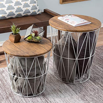 Lavish Home End Tables - Round Nesting Tables Set of 2, Brown/White | 17.5”/15.5” Side Tables with Removable Wood Tops & Metal Basket Bases for Blanket Storage, Living Room, Bedroom & Home Office - color: White Diamond