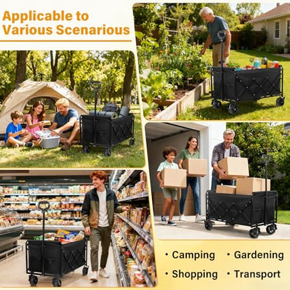 Wagons Carts Foldable,Large Capacity Foldable Wagon Cart Collapsible Wagon with Wheels & Drink Holders,Heavy Duty Utility Folding Cart for Camping Garden Grocery Shopping - size: 500 lbs
