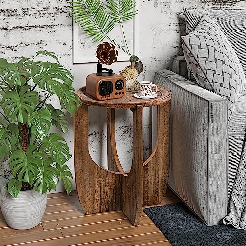 COZAYH Rustic Farmhouse Round End Table with Tray Top, Curved Legs, Brown | French Country Accent Side Table for Small Spaces, Family, Dinning or Living Room, Modern