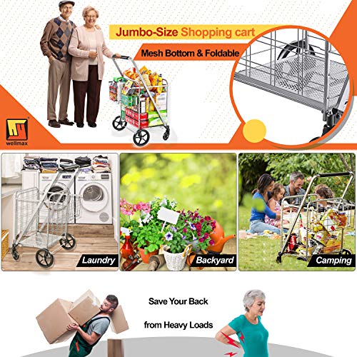 Wellmax Folding Grocery Cart with Wheels, Heavy Duty Metal Utility Cart with Mesh Bottom, Extra Rear Basket, 160 lb Capacity, Dual Swivel Wheels, Foldable Trolley for Groceries & Laundry - size: Jumbo
