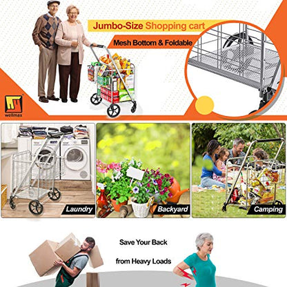 Wellmax Folding Grocery Cart with Wheels, Heavy Duty Metal Utility Cart with Mesh Bottom, Extra Rear Basket, 160 lb Capacity, Dual Swivel Wheels, Foldable Trolley for Groceries & Laundry - size: Jumbo