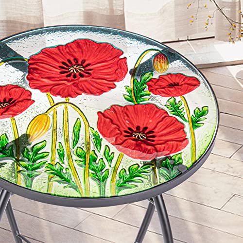 MUMTOP Outdoor Side Table - Small Mosaic Patio Tables, 14” Round Accent End Coffee Glass Plant Stand for Garden Living Room(Poppy) - color: Red Flower