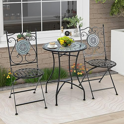 Giantex 24 Inch Patio Bistro Table, Mosaic Round Table w/Ceramic Tile Tabletop, Heavy-Duty Metal Structure, Outdoor Dining Table for Backyard, Garden, Porch (Blue & Black (Sun Pattern)) - color: Blue & Black (Sun Pattern)