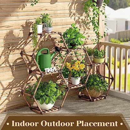 Tikea Hexagonal Indoor Outdoor Plant Stand, 7-Tier Wooden Plant Shelf | Large Plant Shelves Indoor Plant Rack for Patio Balcony Window Living Room Decor, DIY Creative unique Shapes Plant Stand