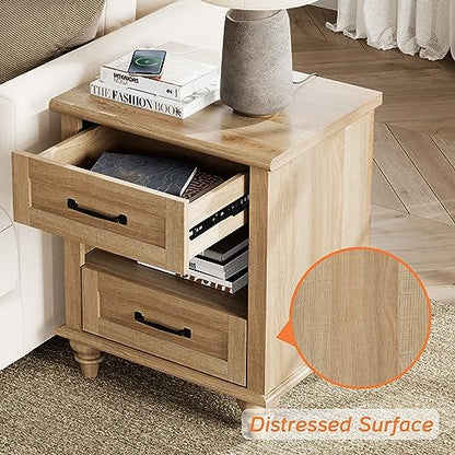 WAMPAT Farmhouse End Table Nightstand with Charging Station, Small Side Table with 2 Drawers for Living Room, Light Wood Night Stand Bedside Table for Bedroom, Oak - color: Oak