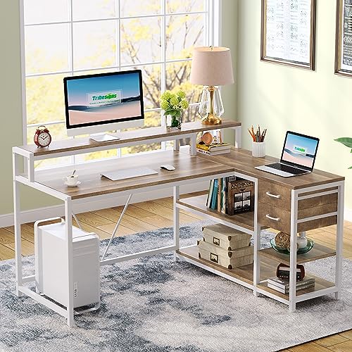 Tribesigns L Shaped Desk with Drawers and Monitor Stand, L Corner Desk with Storage Shelves, Beige Wooden PC Table for Samll Home Office - color: Oak