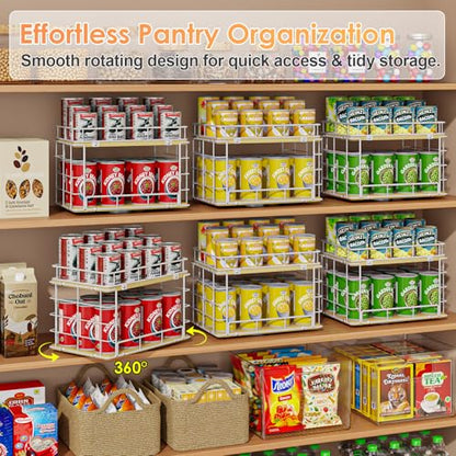 360° Lazy Susan Can Organizer, 2-Tier Rotating Metal Wire Wood Can Rack Holder, Kitchen Pantry Cabinet Countertop Turntable Storage Shelf, Hold 26 Soda Cans Food Beverage Cans Organizer, White - color: White