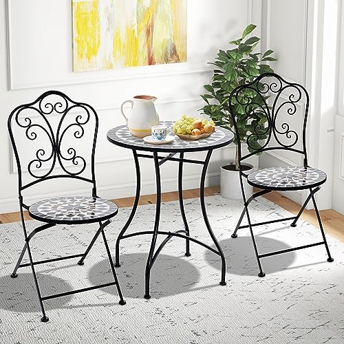 Giantex 24 Inch Patio Bistro Table, Mosaic Round Table w/Ceramic Tile Tabletop, Heavy-Duty Metal Structure, Outdoor Dining Table for Backyard, Garden, Porch (Black (Star Pattern)) - color: Black (Star Pattern)