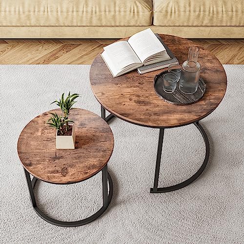 HOJINLINERO Round Nesting Coffee Table Set of 2,Small Coffee Table,Brown | Center Table for Living Room,Small Apartment,Small Space,Stacking Side Tables,Sturdy Easy Assembly,Rustic Brown Wood Tabletop - color: Brown, size: Small