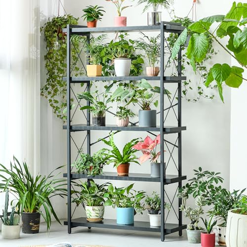 HCHQHS Bookshelf, 5-Tier Industrial Bookcase, Black Open Book Shelf, Freestanding Tall Bookshelves with Metal Frame - color: Ebony Black, size: 5-Tier (35.8"W x 65.7"H)