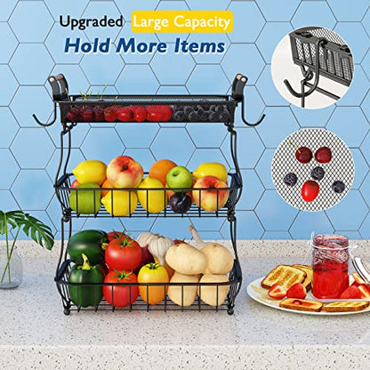 ANTOPY 3 Tier Fruit Basket with 2 Banana Hangers, Countertop Fruit Vegetable Basket Bowl for Kitchen Counter Metal Mesh Basket Fruits Stand Produce Holder Organizer for Onion Potato Bread Snack Veggie - color: Black (3 Tier with Banana Hangers & Mesh Top)