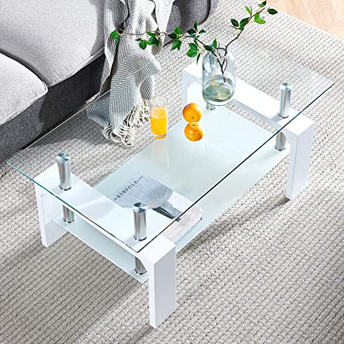 Living Room Rectangle Coffee Table, Tea Table Suitable for Waiting Room, Modern Side Coffee Table with Wooden Leg, Glass Tabletop with Lower Shelf, White 39.5 * 23.5 * 17.5 - color: White