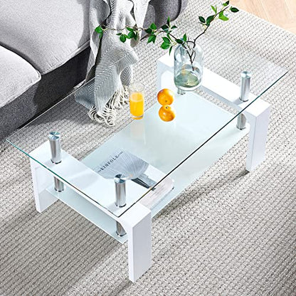 Living Room Rectangle Coffee Table, Tea Table Suitable for Waiting Room, Modern Side Coffee Table with Wooden Leg, Glass Tabletop with Lower Shelf, White 39.5 * 23.5 * 17.5 - color: White