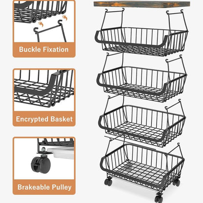 Metal Wire Baskets with Wheels, Kitchen Organizer, 6 Tier Stackable Storage Containers, Fruit and Vegetable Trolley, Dish Rack for Bathroom, Garage and Pantry