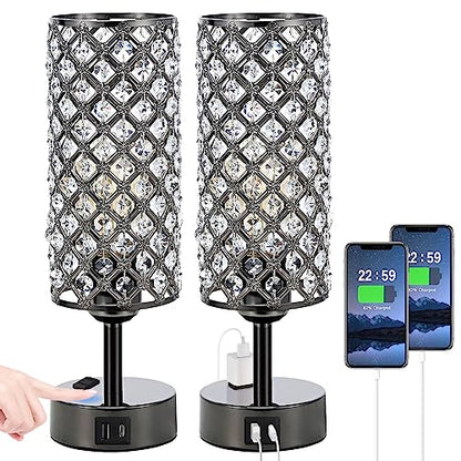 Hong-in Crystal Table Lamp Touch Control Set of 2, 3-Way Black Crystal Lamps with USB C+A Ports & AC Outlet, Dimmable Nightstand Desk Lamps,Modern Bedside Table Lamp for Bedroom(Bulbs Included) - color: Black