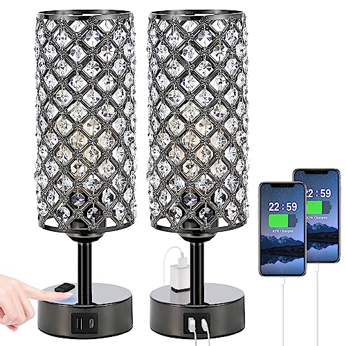 Hong-in Crystal Table Lamp Touch Control Set of 2, 3-Way Black Crystal Lamps with USB C+A Ports & AC Outlet, Dimmable Nightstand Desk Lamps,Modern Bedside Table Lamp for Bedroom(Bulbs Included) - color: Black