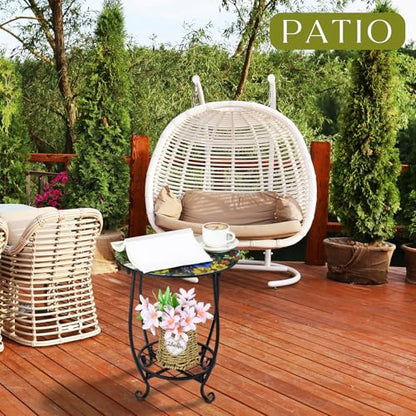 Cinnvoice Outdoor Side Table Round Small Mosaic Patio Accent Indoor End Plant Coffee Tea Table for Yard Patio Porch Garden Living Room, Bedroom(Flower Style,14 Inch) - size: 14 Inch, style: Flower Style