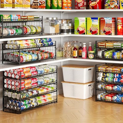 2-Pack Stackable Can Organizer for Pantry Shelf, Adjustable Extra-Long Rolling Can Rack for Kitchen Cupboard Storage, Sturdy Standing Can Holder for Canned Food Goods Soda up to 100, 2 Tier, Black