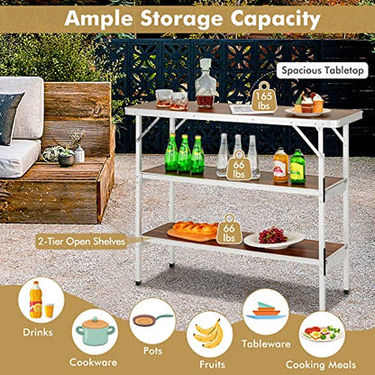 COSTWAY Folding Picnic Table, Portable Camping Table with Carry Bag, Lightweight Aluminum Food Prep Station with 2 Shelves, Quick Set-up, BBQ, Party, Backyard - color: Brown, size: 43.5"W x 34.5"H