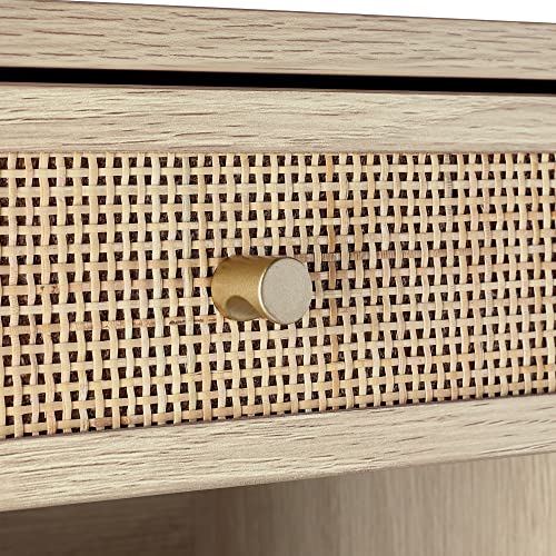 Nathan James Jackson Wall Mounted Rattan Floating Bedroom Nightstand with Storage Drawer and Modern Open Shelf Cubby, Light Oak/Rattan, Set of 2 - color: Light Oak/Rattan, size: Set of 2