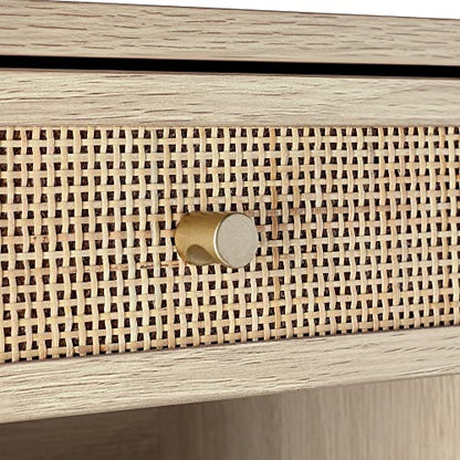 Nathan James Jackson Wall Mounted Rattan Floating Bedroom Nightstand with Storage Drawer and Modern Open Shelf Cubby, Light Oak/Rattan, Set of 2 - color: Light Oak/Rattan, size: Set of 2