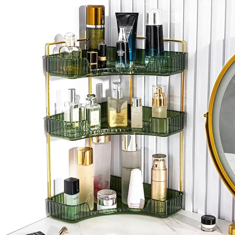 CESTATIVO Corner Bathroom Counter Organizer, Vanity Trays, Skincare Makeup Organizer, Bathroom Counter Shelf (3 Tiers, Green)