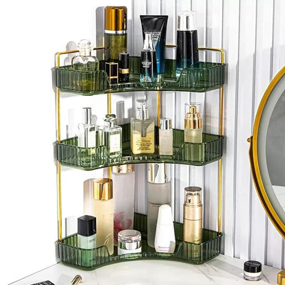 CESTATIVO Corner Bathroom Counter Organizer, Vanity Trays, Skincare Makeup Organizer, Bathroom Counter Shelf (3 Tiers, Green)
