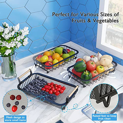 ANTOPY 3 Tier Fruit Basket with 2 Banana Hangers, Countertop Fruit Vegetable Basket Bowl for Kitchen Counter Metal Mesh Basket Fruits Stand Produce Holder Organizer for Onion Potato Bread Snack Veggie - color: Black (3 Tier with Banana Hangers & Mesh Top)