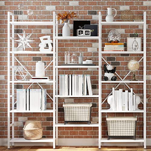 IRONCK Bookcases and Bookshelves Triple Wide 5 Tiers Industrial Bookshelf, Large Etagere Bookshelf Open Display Shelves with Metal Frame for Living Room Bedroom Home Office - color: Industrial White, size: 5 Tiers