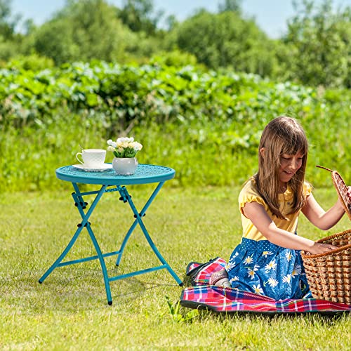 TeoKJ Folding Outdoor Side Tables, Anti Rust Small Patio Table Round Metal Nightstand with Flower Cutouts for Porch Yard Balcony Deck Lawn, Blue - color: Blue