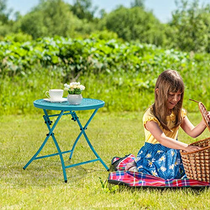 TeoKJ Folding Outdoor Side Tables, Anti Rust Small Patio Table Round Metal Nightstand with Flower Cutouts for Porch Yard Balcony Deck Lawn, Blue - color: Blue